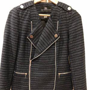 A navy blue and silver tweeted jacket